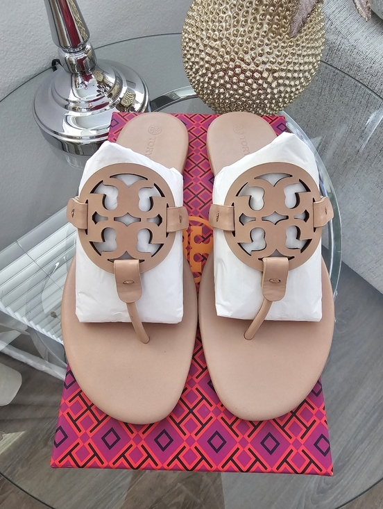Tory Burch Shoes - Tory Burch Miller Calf  Leather Logo Thong Sandals in Light Sand.